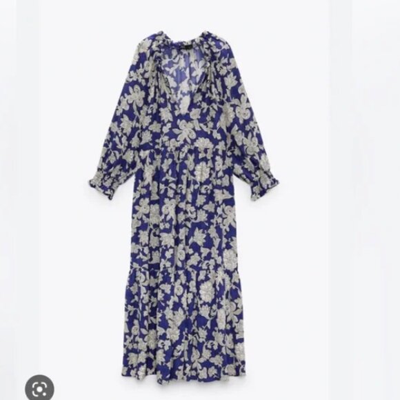 Zara Blue Floral Plunging V-neck 3/4 sleeves Midi Dress Tiered Size Small - Picture 1 of 10